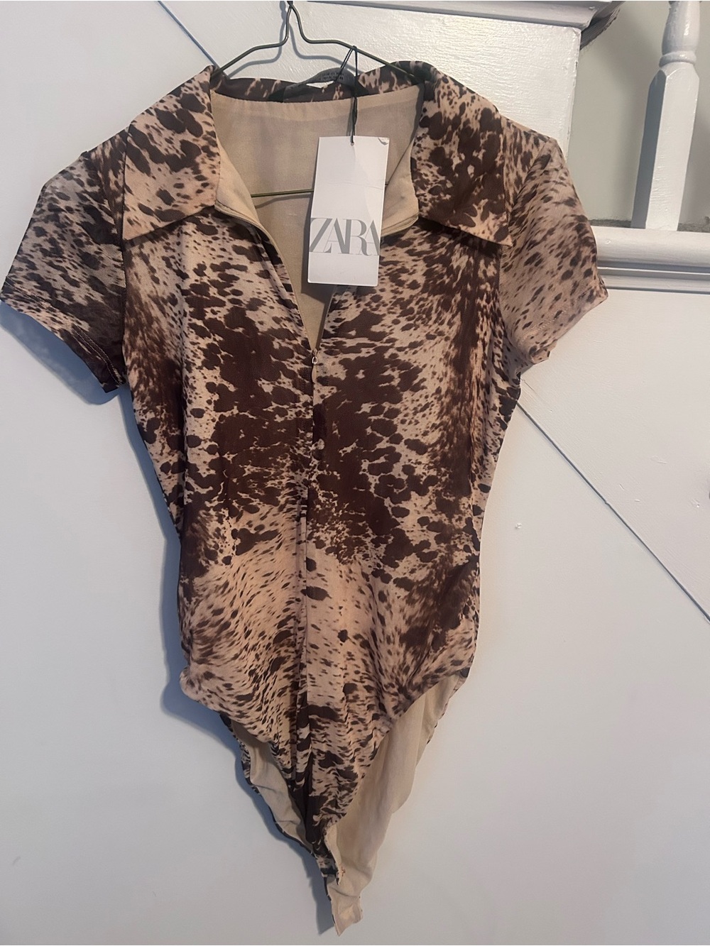 ZARA influencer viral animal print Collared Short Sleeve zip up Bodysuit